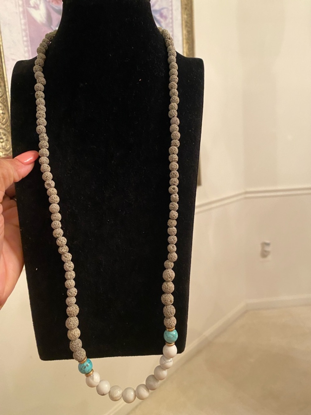 Pomina Handmade Neutral Bead Necklace with Turquoise